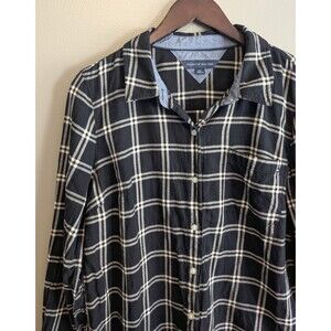Tommy Hilfiger Shirt Womens Large L Black White Plaid Flannel Button Up Top LS